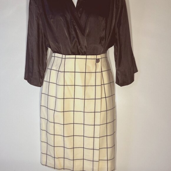 Evan Picone SZ 6 Vintage Ivory & Black plaid wool pencil skirt timeless academia - Picture 1 of 10